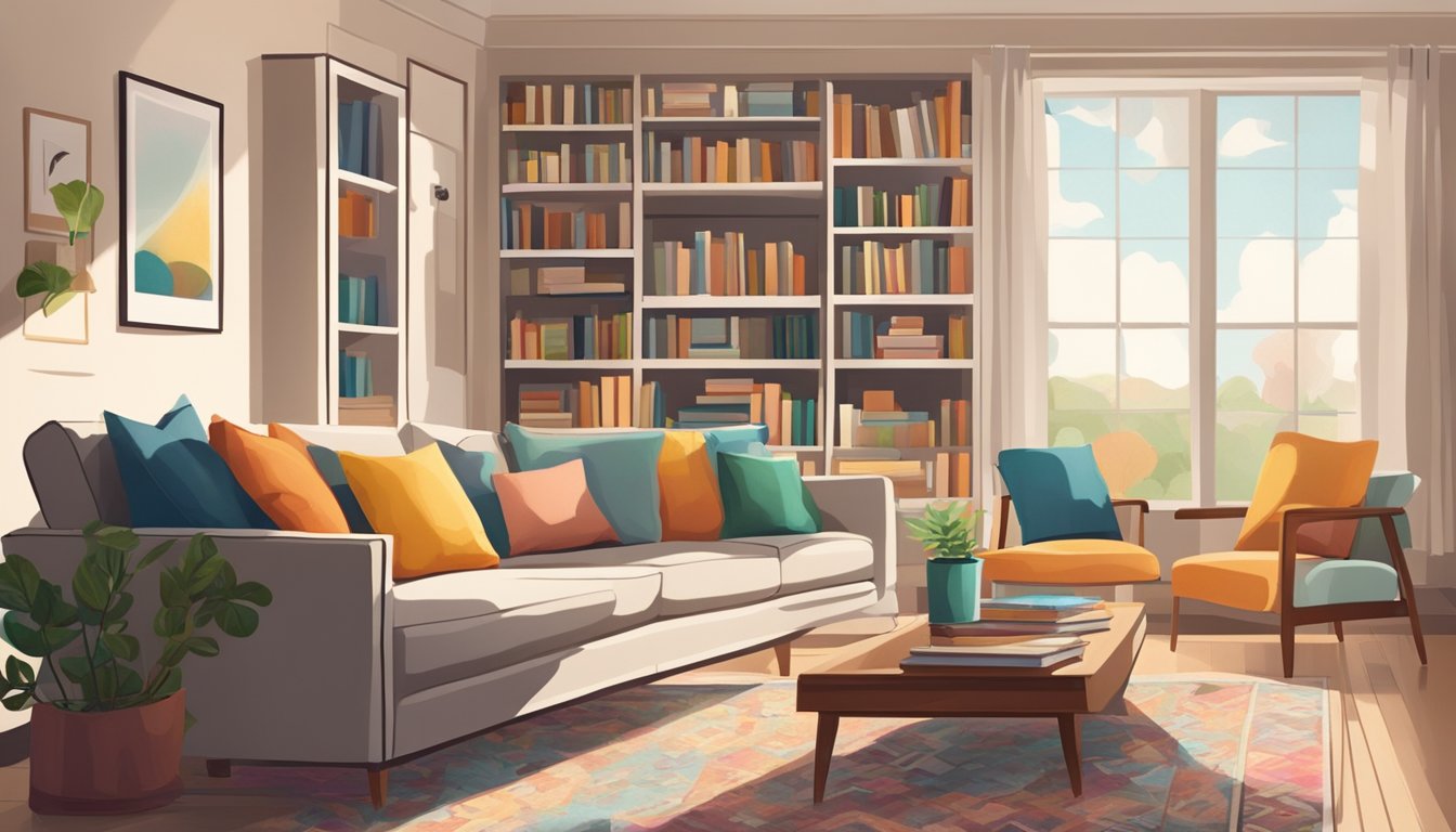A cozy living room with a comfortable sofa, a coffee table, and shelves filled with books. A large window lets in natural light, and the room is decorated with colorful throw pillows and a soft rug