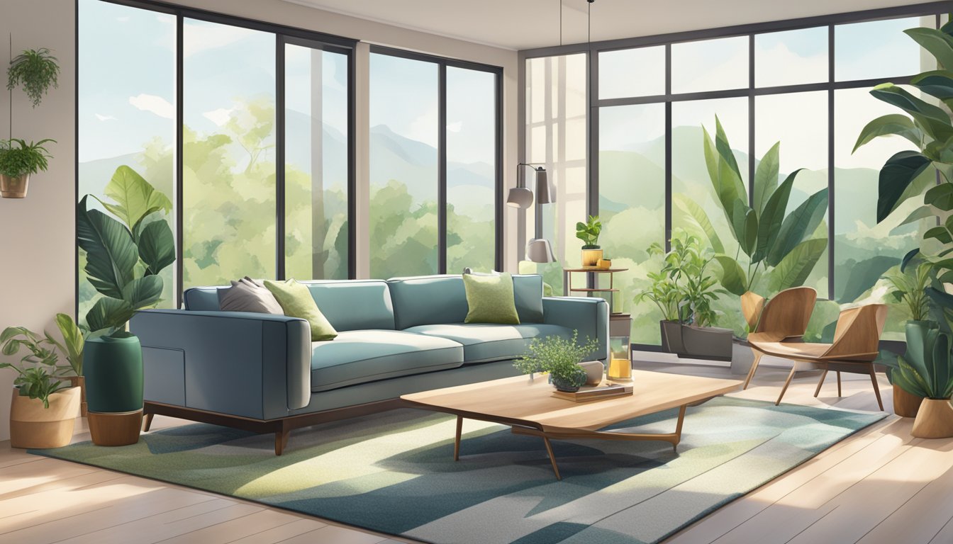 A cozy living room with modern furniture, natural light, and lush green plants. The furniture is sleek and stylish, creating a comfortable and inviting space for relaxation and entertaining