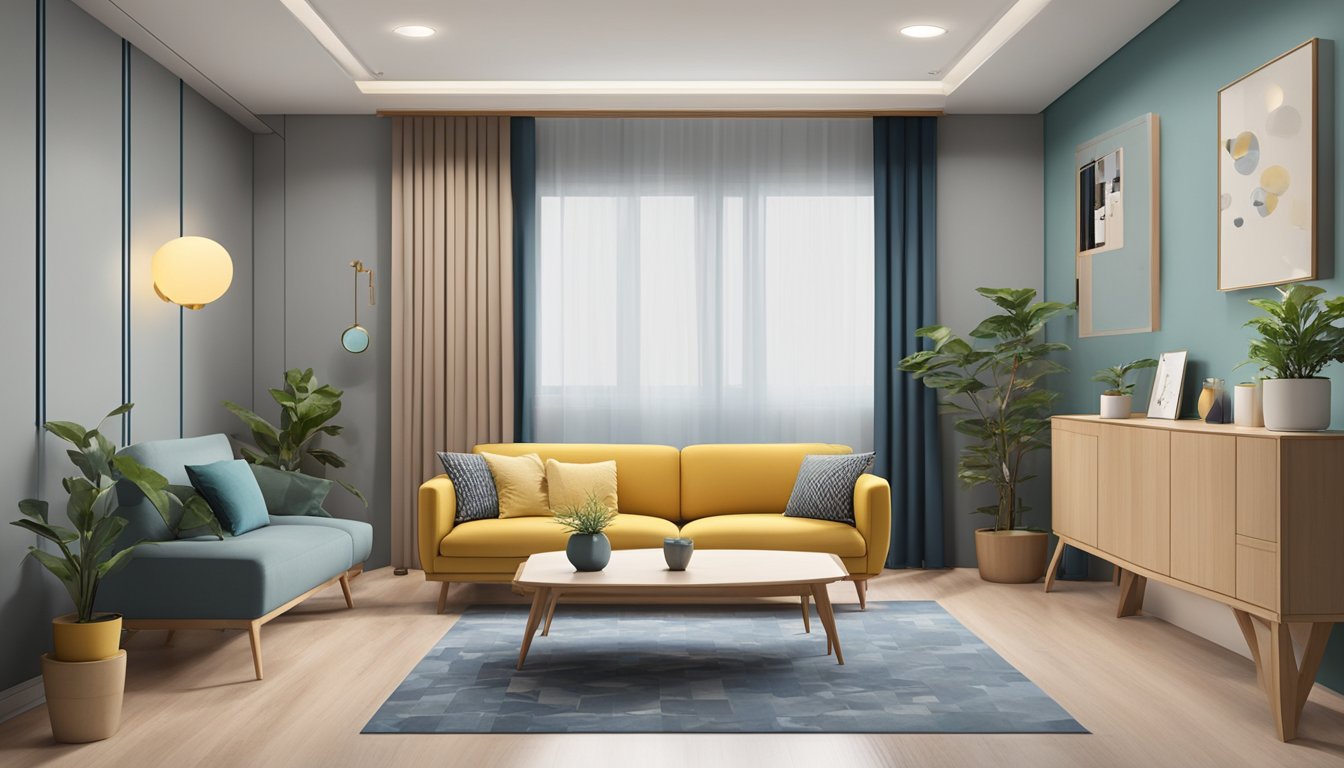 A 5-room HDB living room undergoes renovation, with furniture being moved, walls being painted, and new decor being installed to transform the space from vision to reality