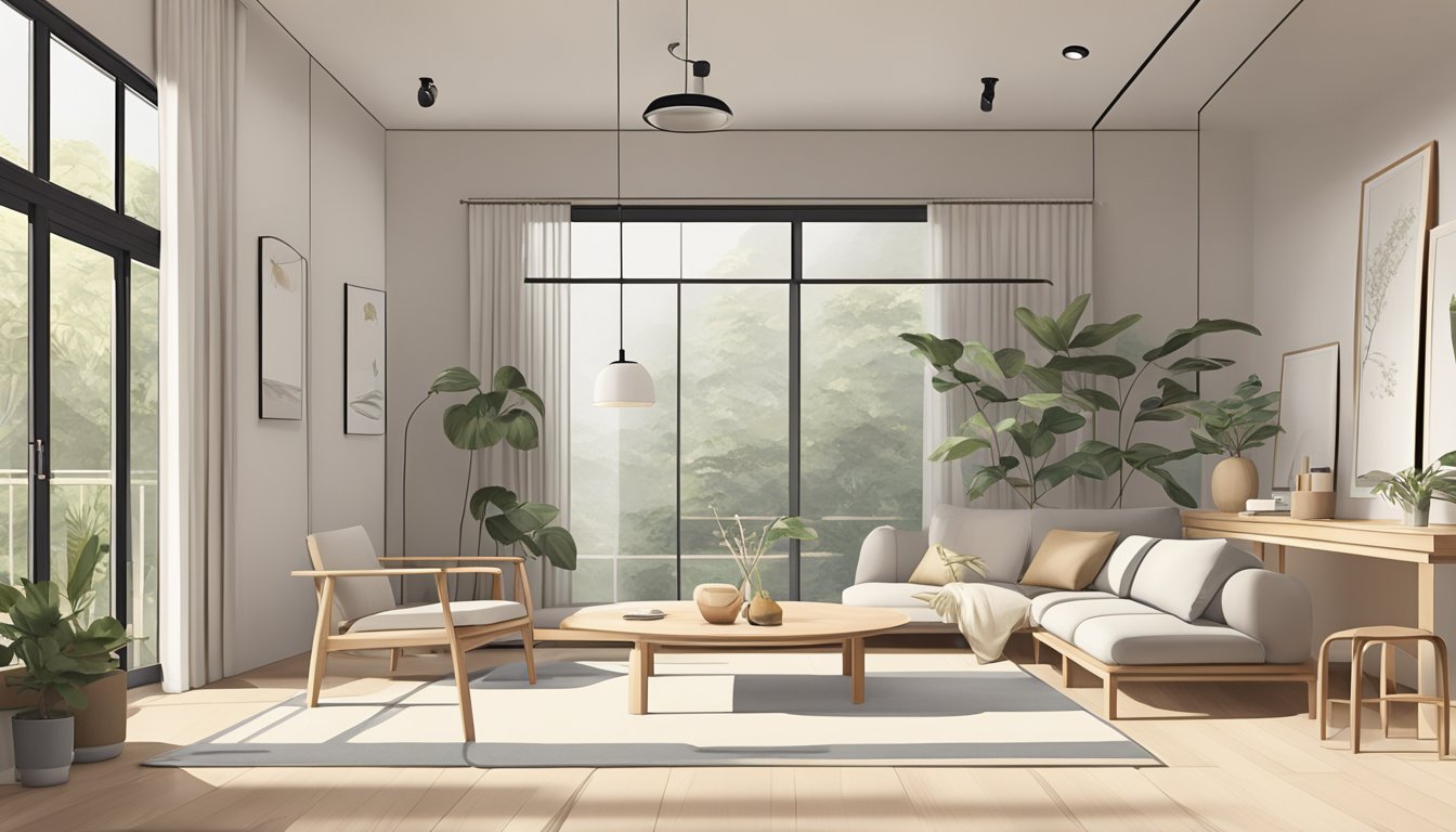 A minimalist Muji-style interior with clean lines, neutral colors, and natural materials. Simple furniture, uncluttered space, and soft lighting create a serene atmosphere