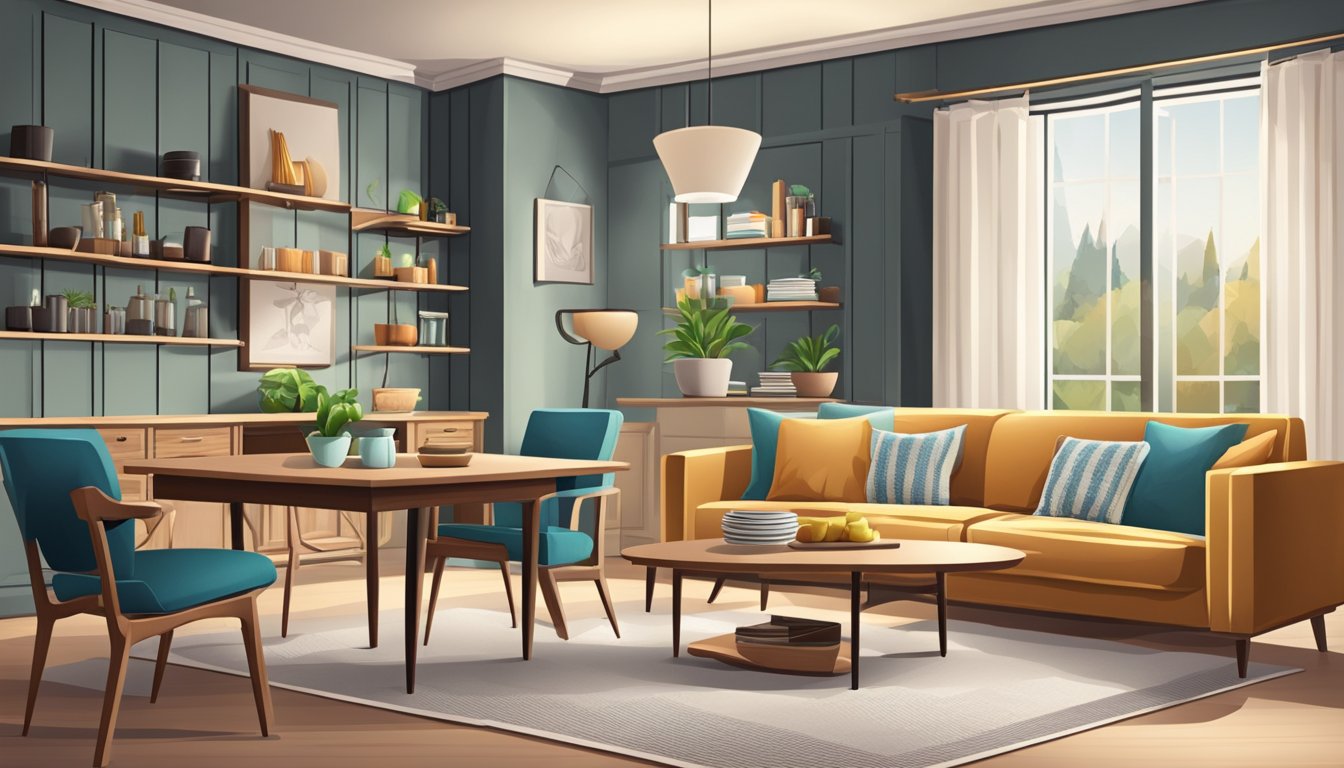 A cozy living room with a sofa, coffee table, and bookshelf. A dining table with chairs and a kitchen counter with bar stools
