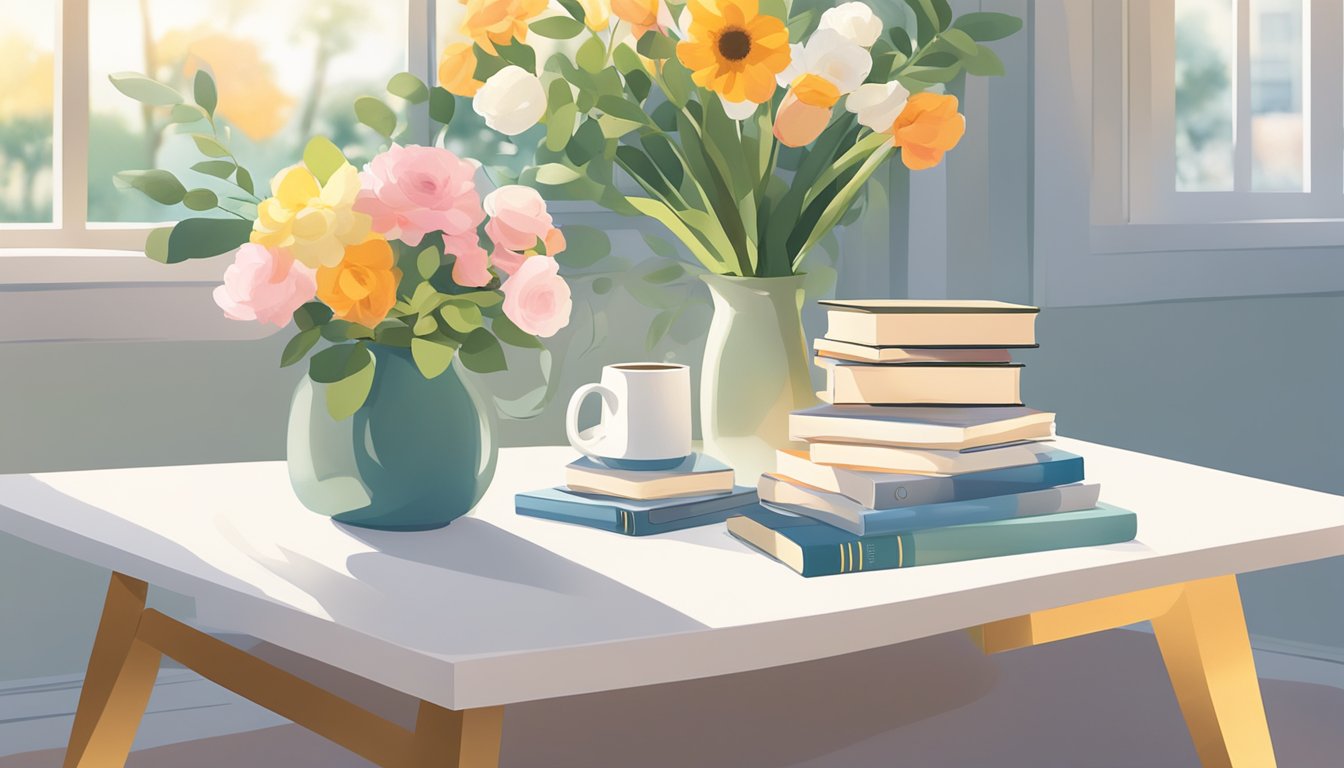 A white coffee table sits in a sunlit room, adorned with a vase of fresh flowers and a stack of books