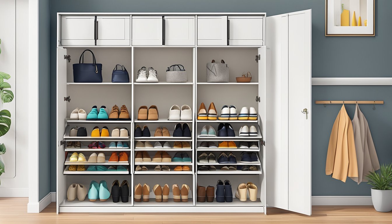 A shoe organizer cabinet with adjustable shelves and sliding doors maximizes space and accessibility in a tidy entryway