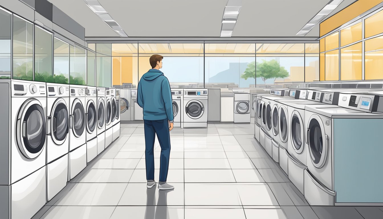 A person comparing front-loading and top-loading washing machines in a spacious, well-lit appliance store showroom