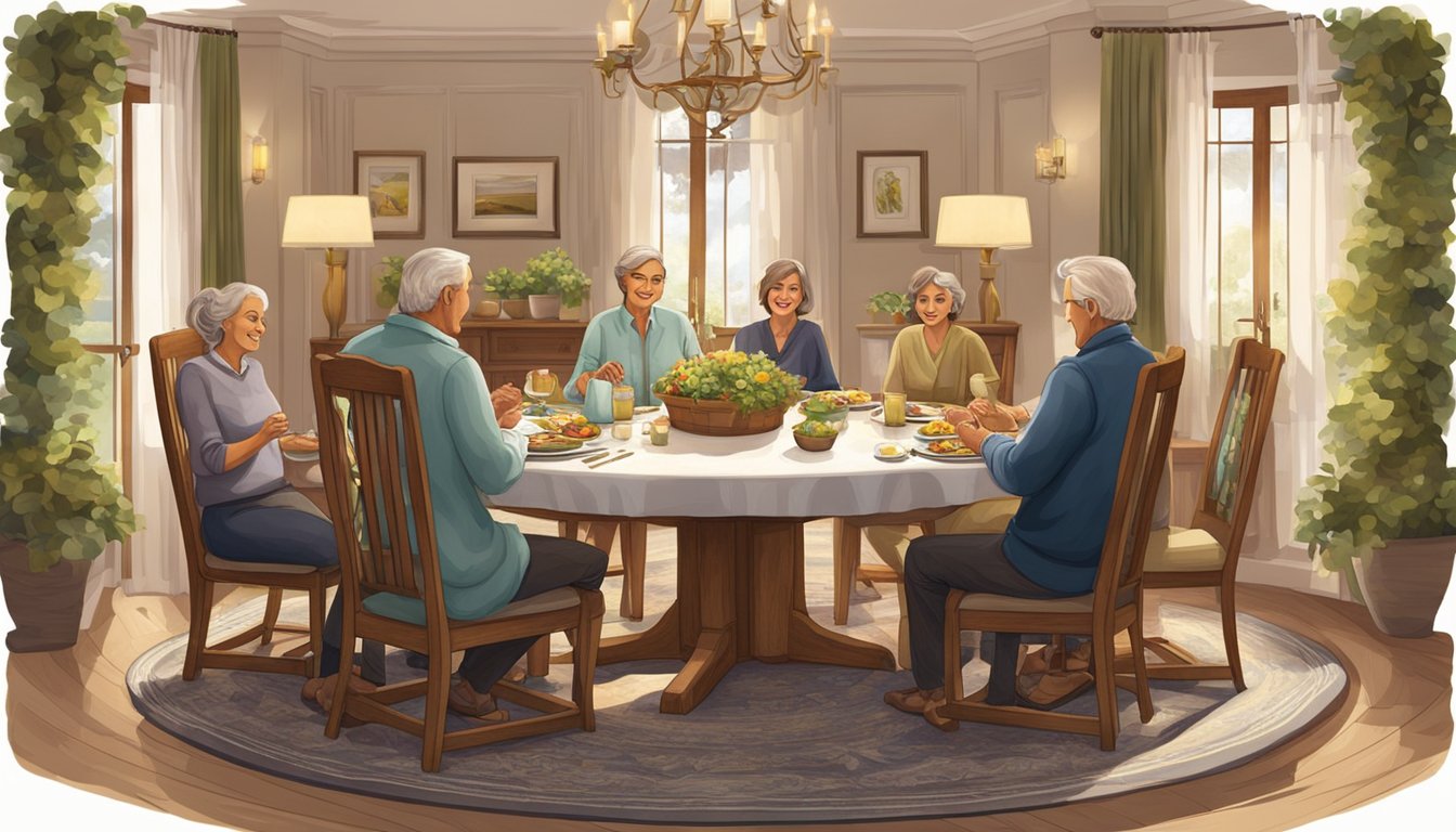 A family gathers around a round oak dining table set, enjoying a meal together in a warm and inviting atmosphere. The table is adorned with elegant place settings and surrounded by comfortable chairs, creating a sense of togetherness and contentment