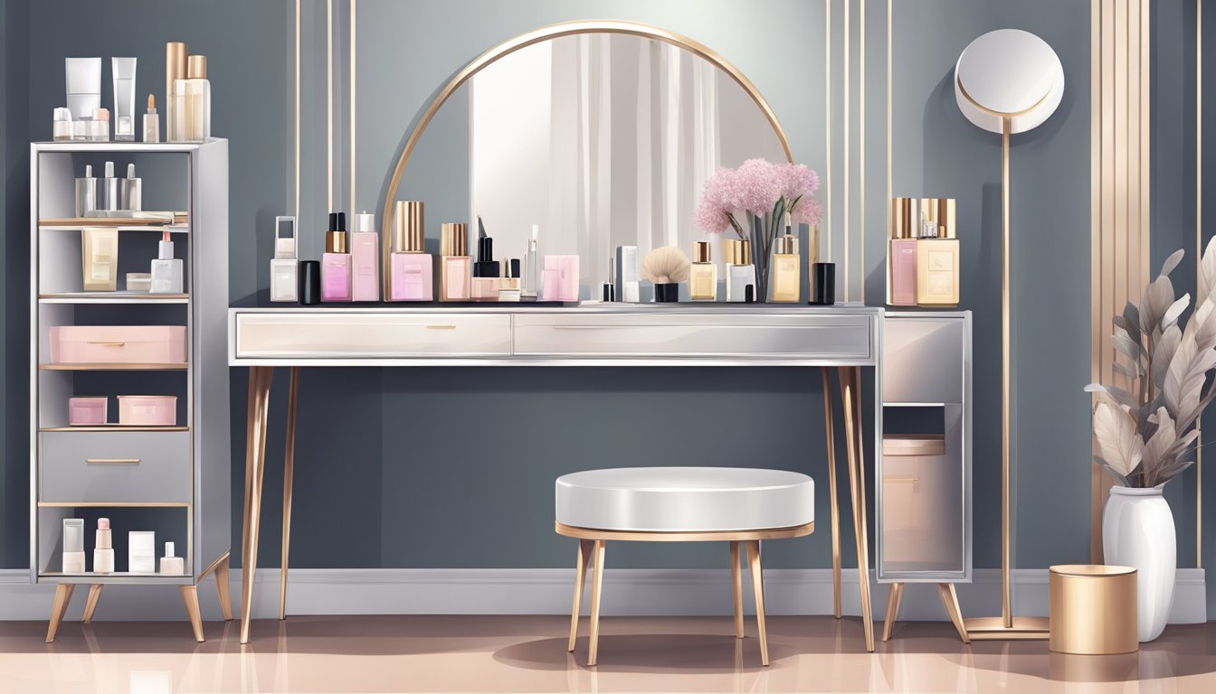 A sleek, modern dressing table with a large mirror, adorned with neatly arranged beauty products and a stylish chair