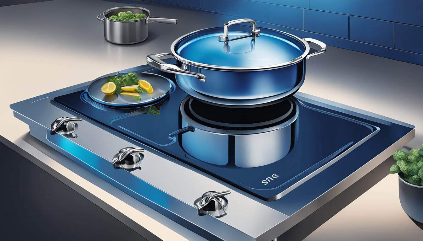 A smeg induction hob emits a blue glow as it heats a stainless steel pot