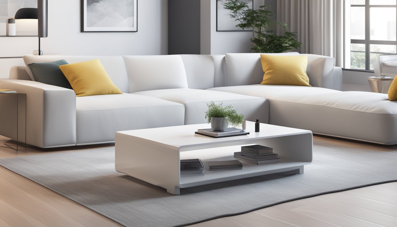 A white coffee table stands in a modern living room, with sleek lines and a glossy finish. Made of smooth, durable material, it reflects the clean, minimalist design of the space