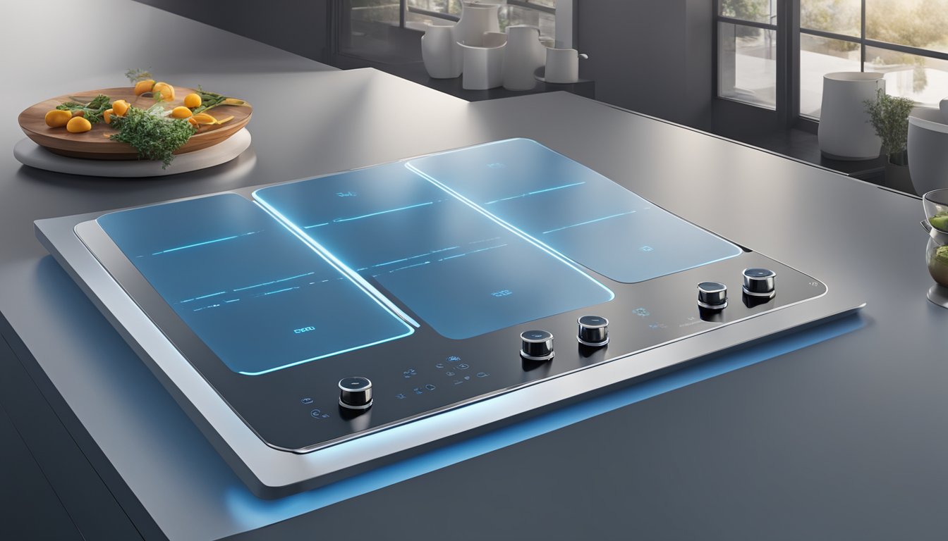 A sleek and modern smeg induction hob, with touch controls and multiple cooking zones, emitting a soft blue glow as it heats up