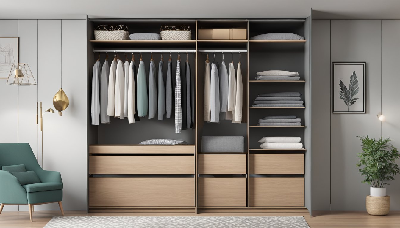 A sliding wardrobe with various compartments and shelves, showcasing its functionality and modern design