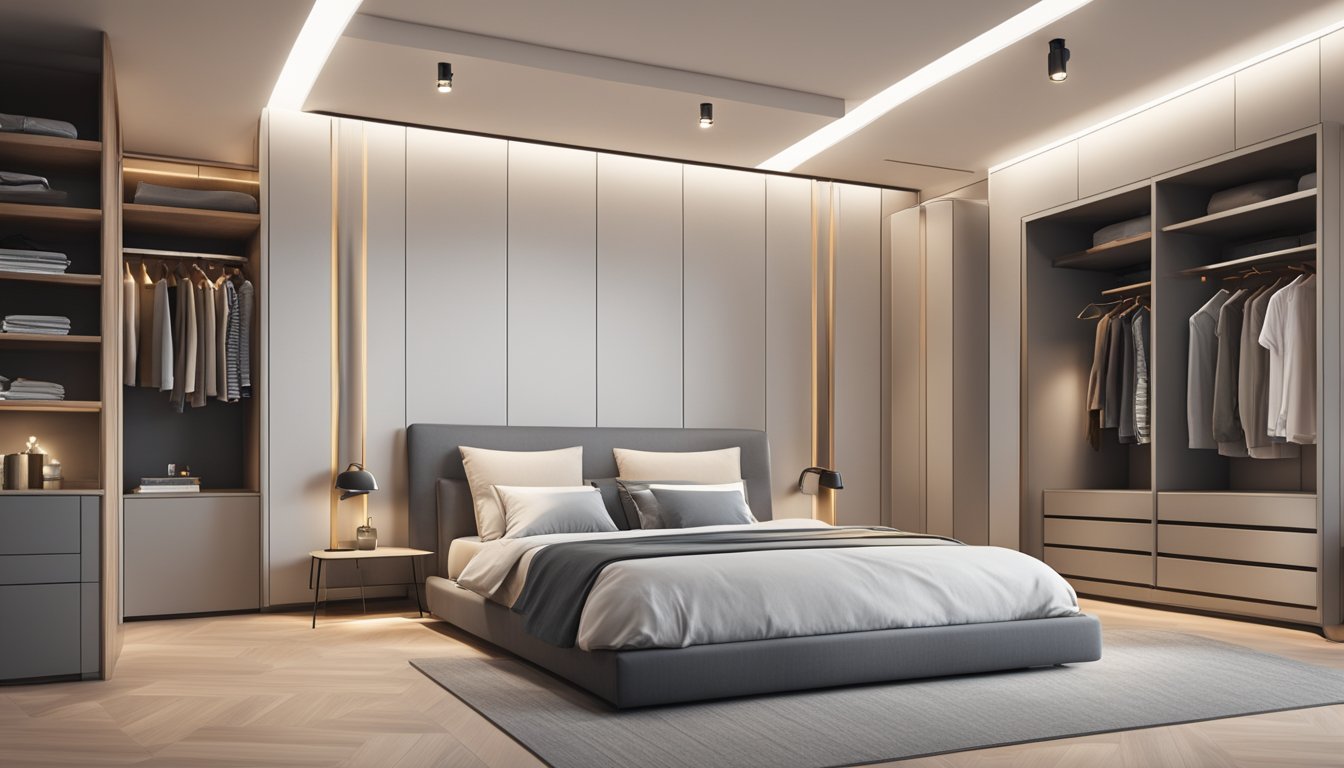 A modern platform bed with built-in wardrobe sits in a spacious room, surrounded by minimalist decor and soft lighting