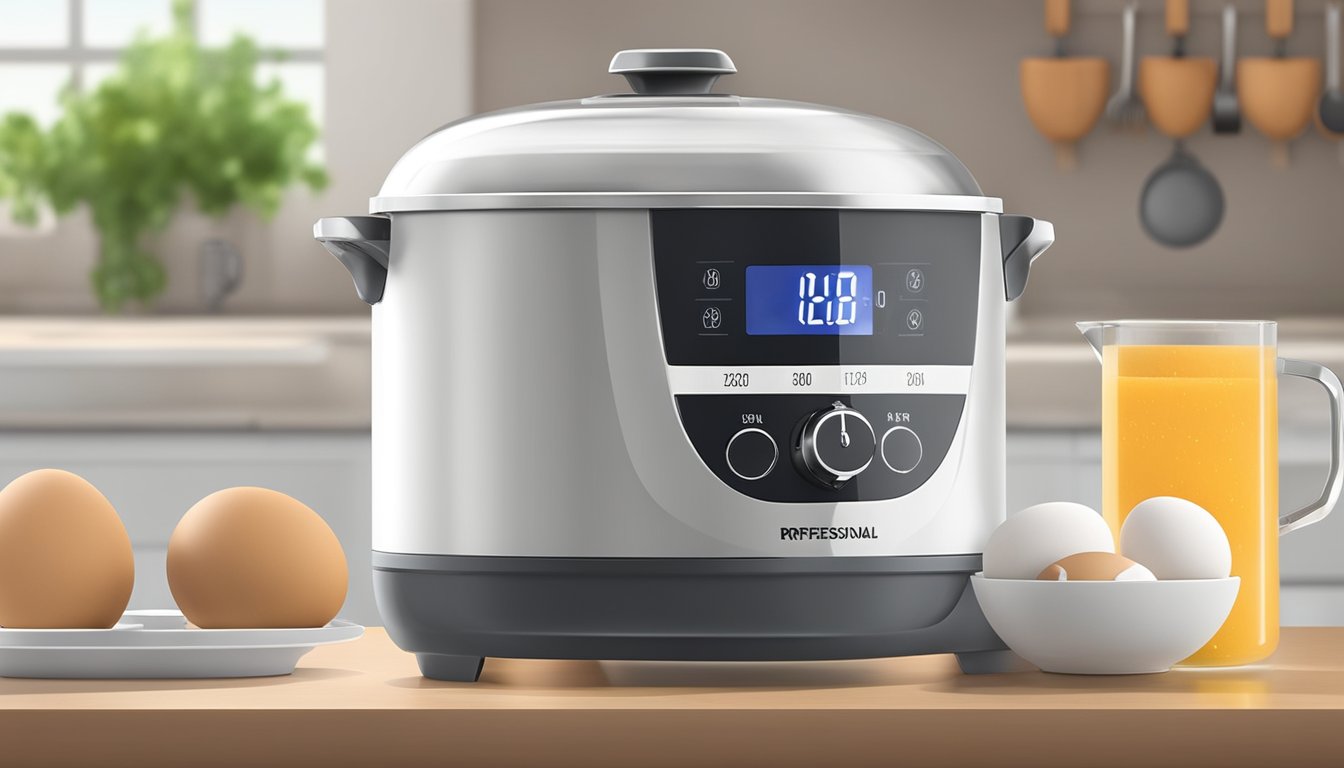 An electric egg boiler sits on a kitchen counter, with a timer set for perfect boiling