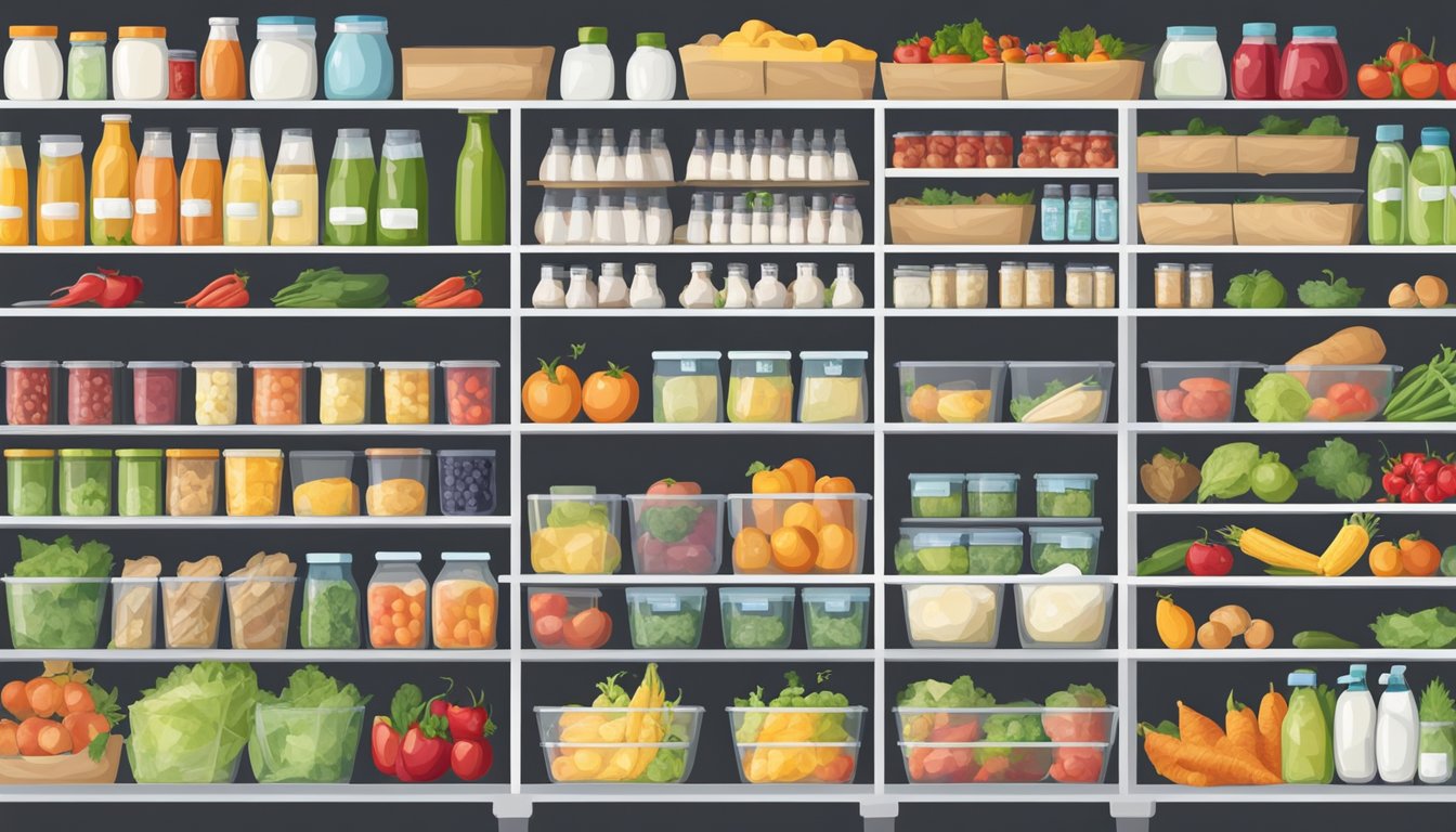 Fresh produce neatly arranged in designated bins. Dairy products and condiments organized on shelves. Leftovers stored in clear containers. Labels for easy identification