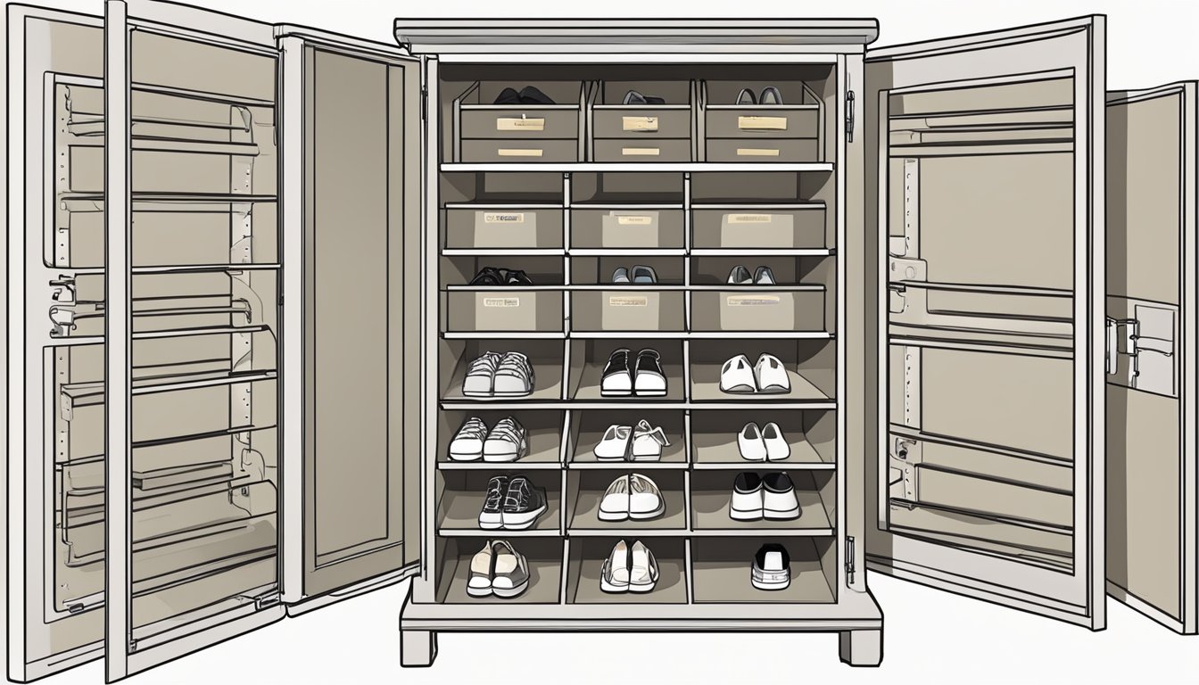 A shoe organizer cabinet with labeled compartments for easy access to frequently asked questions