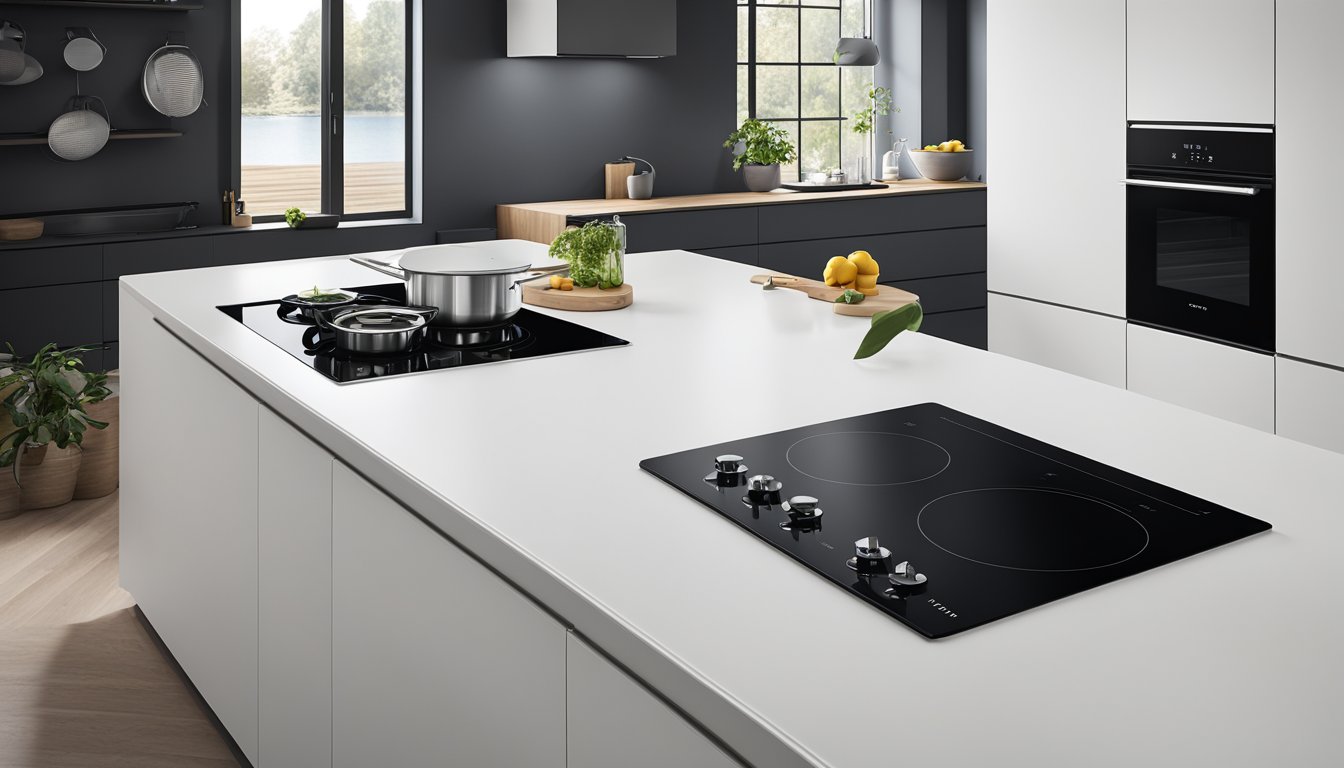 A sleek, black smeg induction hob sits on a clean, white countertop with precise technical specifications and installation details displayed nearby