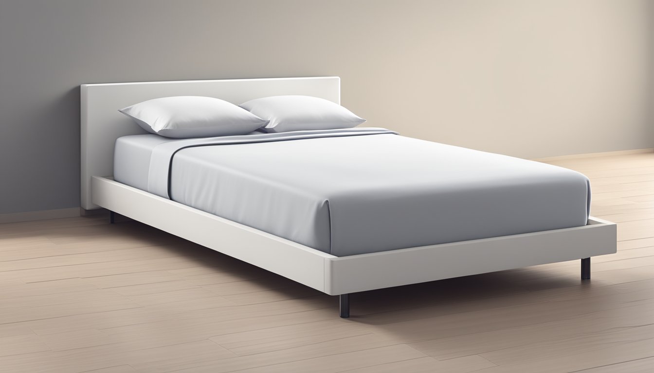 A single super single bed with clean white sheets and a neatly arranged pillow, against a plain background