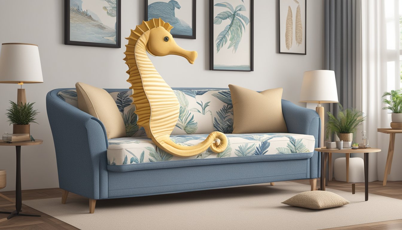 A seahorse-shaped sofa bed sits in a cozy living room in Singapore. The room is decorated with nautical-themed pillows and a soft, sandy-colored rug