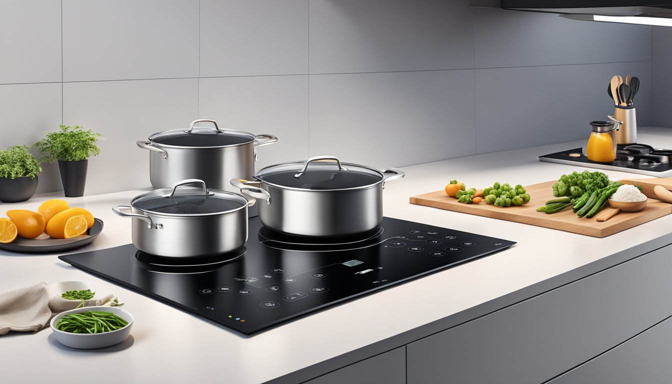 A sleek induction hob with touch controls and a display screen, surrounded by various cooking pots and utensils on a clean, modern kitchen countertop