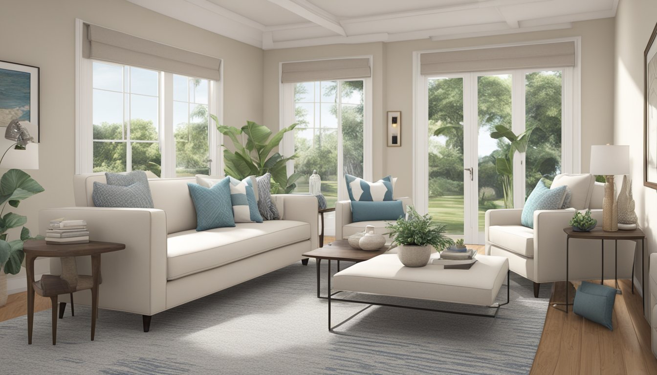 A cozy living room with a sleek, modern Seahorse sofa bed as the focal point. Soft, neutral-colored pillows and throws add comfort to the inviting space