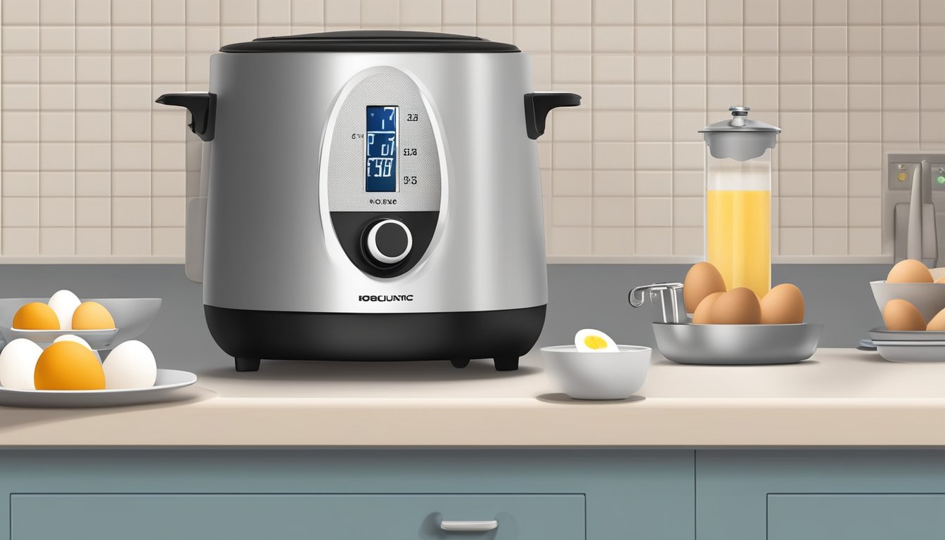 An electric egg boiler with a timer sits on a kitchen countertop, surrounded by freshly boiled eggs. The timer displays the remaining cooking time, while steam rises from the appliance