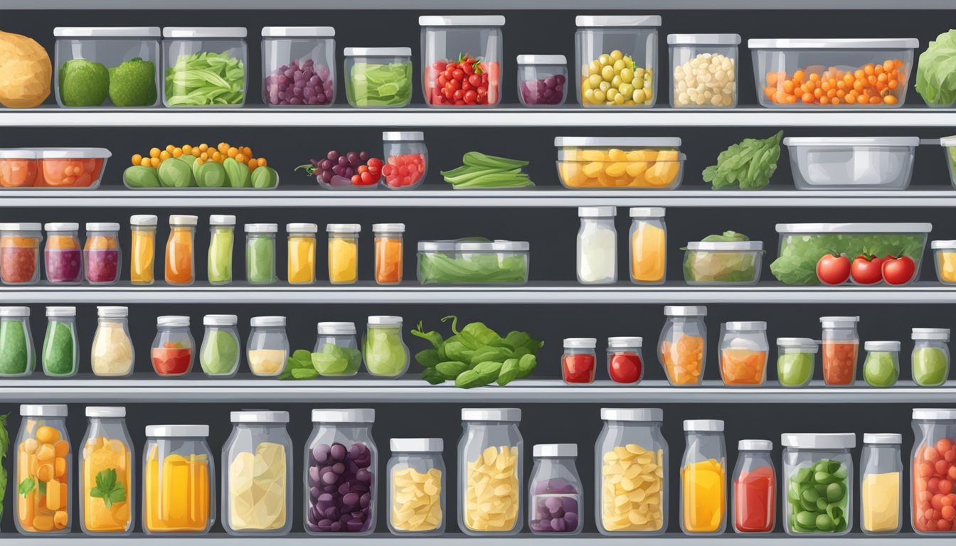 Fresh produce neatly arranged in clear storage containers on fridge shelves. Condiments and sauces organized in the door compartments. Labels for easy identification