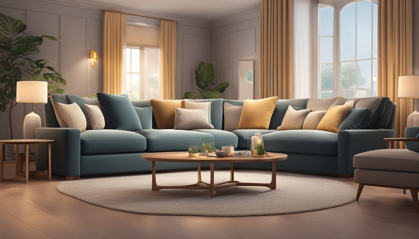 Deep high back sofas arranged in a cozy living room, with soft cushions and elegant upholstery, surrounded by warm lighting and a plush rug