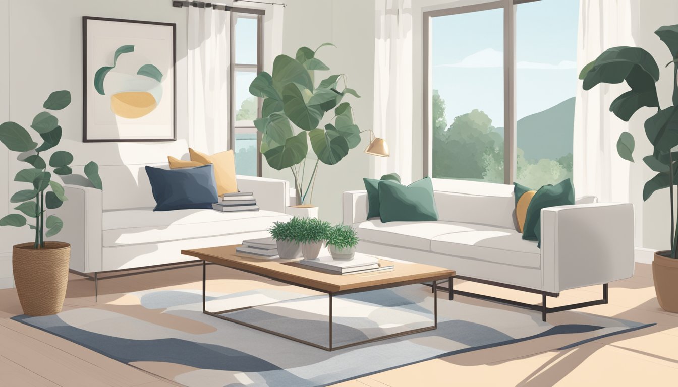 A white coffee table sits in a bright, airy living room. It is sleek and modern, with clean lines and minimalistic decor. A potted plant adds a touch of greenery, and a stack of books adds a cozy, lived-in feel