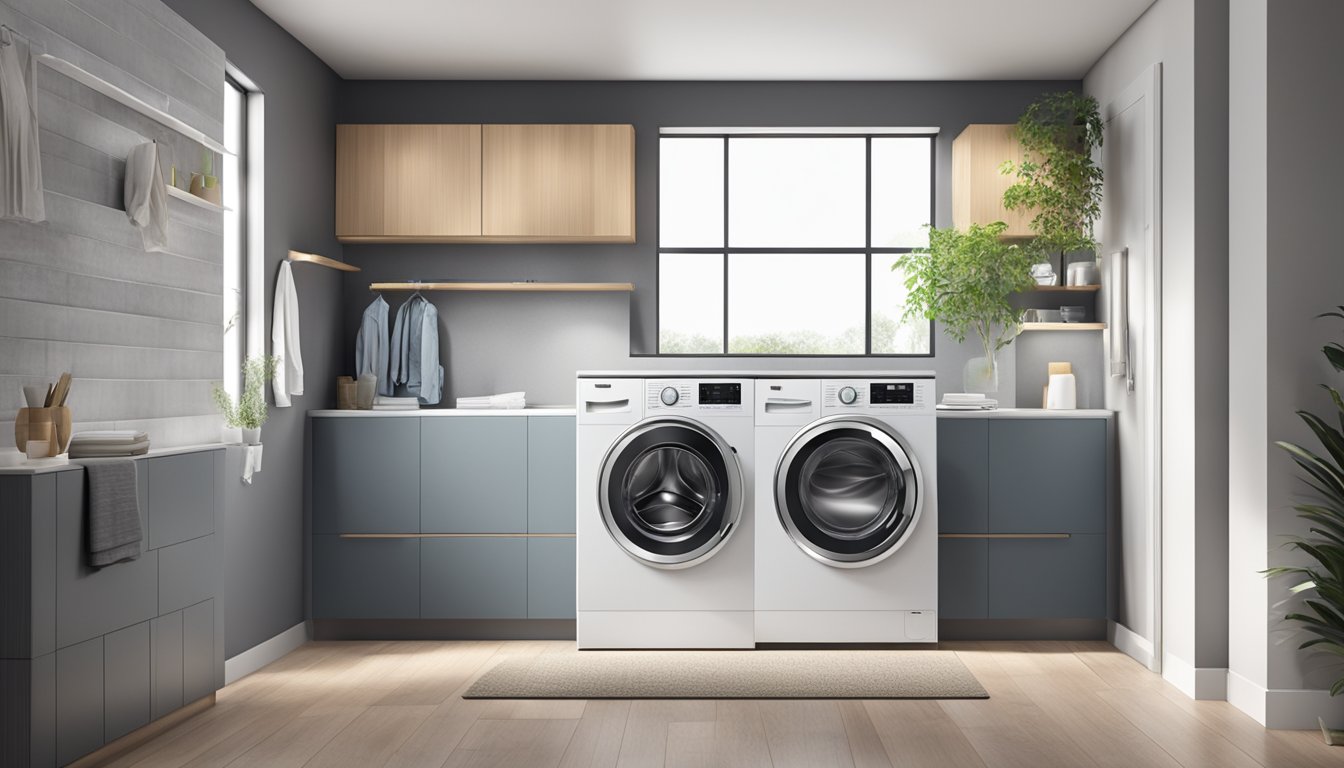 A washing machine with a sleek, modern design, featuring a large capacity drum, energy-efficient technology, and a variety of wash cycles