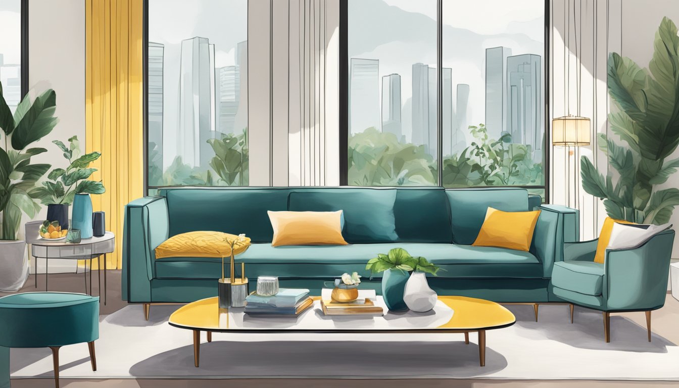 A modern coffee table sits in a chic Singapore living room, surrounded by sleek furniture and vibrant decor, creating a stylish and luxurious shopping experience