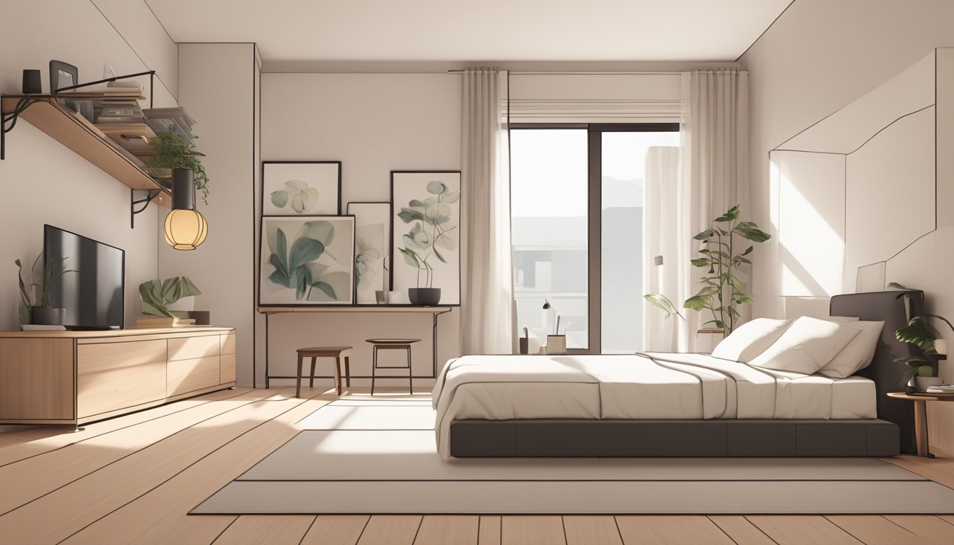 A minimalist bedroom with neutral colors, low platform bed, simple wooden furniture, paper lanterns, and a clutter-free, organized space