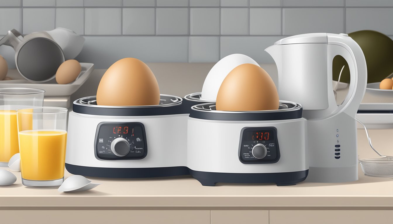 An electric egg boiler with a timer sits on a kitchen counter, surrounded by a carton of eggs and a measuring cup