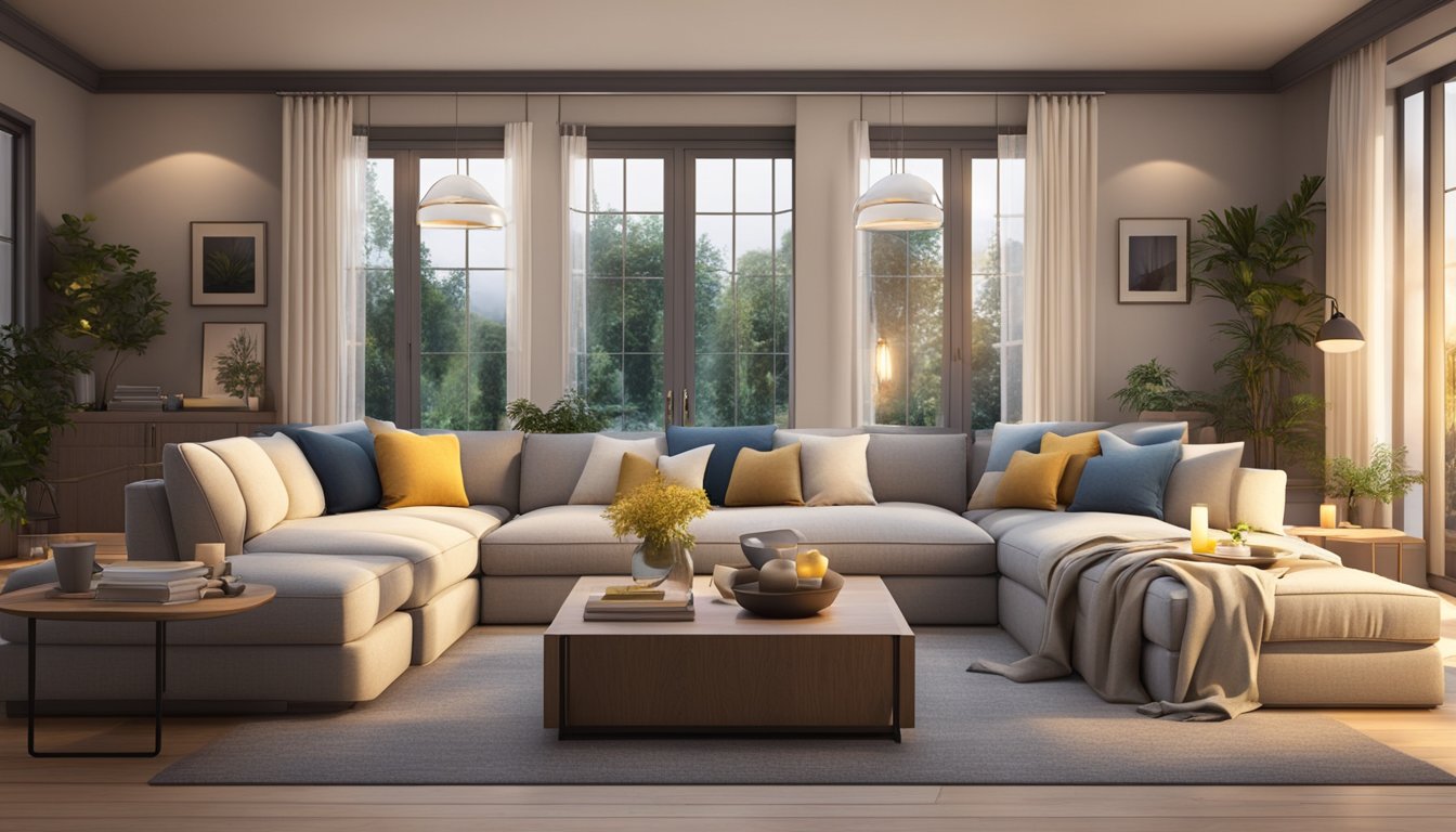 A cozy living room with deep high back sofas, soft cushions, and warm lighting, inviting relaxation and comfort