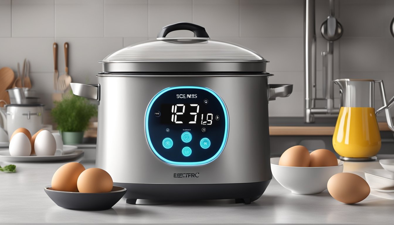 An electric egg boiler sits on a kitchen counter with a digital timer display. Eggs are placed inside the boiler, and steam rises from the top