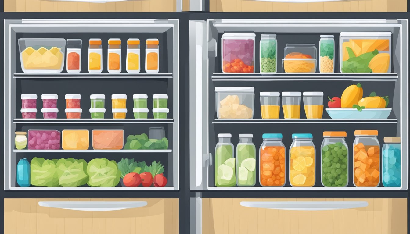 A neatly organized fridge with labeled shelves for different food categories