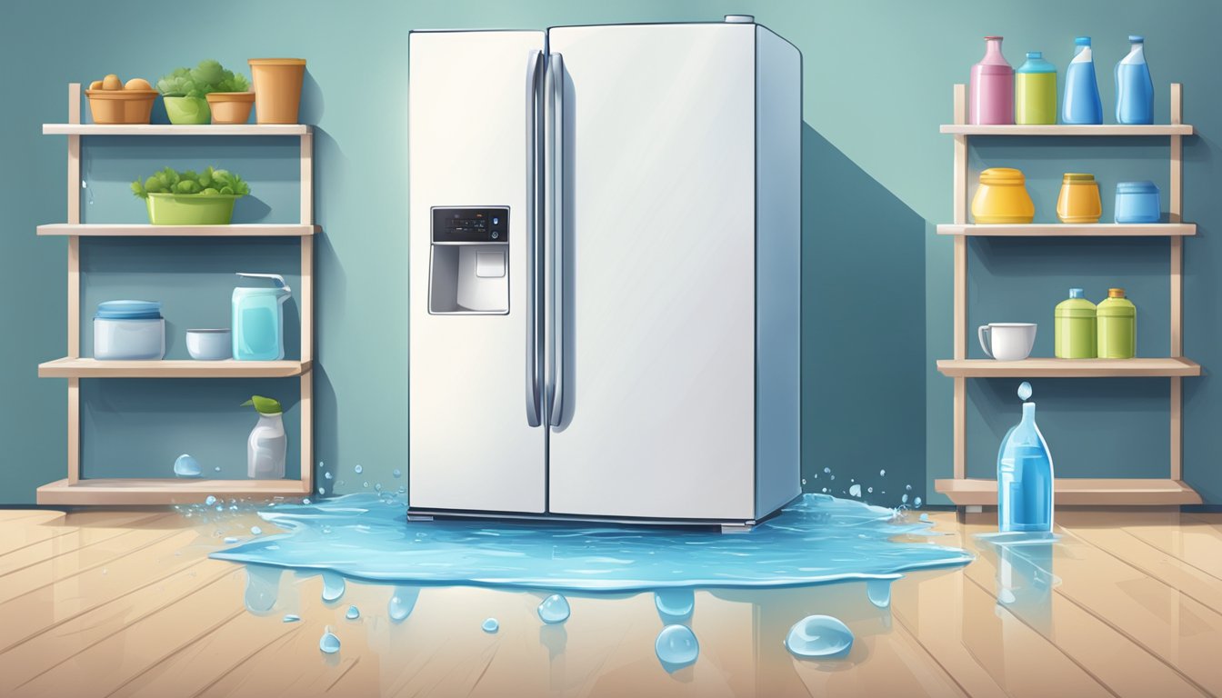 Water drips from a leaking fridge onto the floor, creating a small puddle. The fridge door is slightly ajar, and condensation can be seen on the shelves