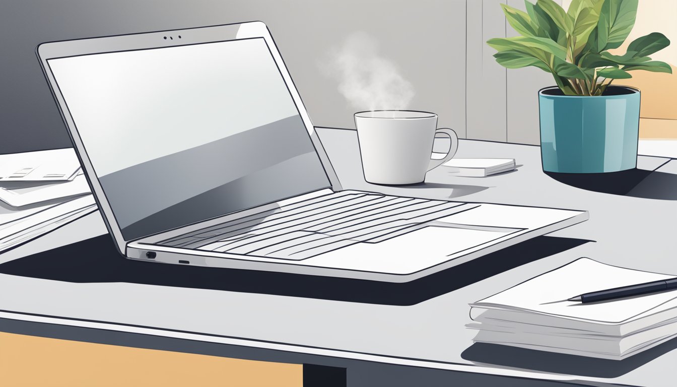 A white coffee table with a stack of papers, a pen, and a laptop on top. A small potted plant sits in the corner