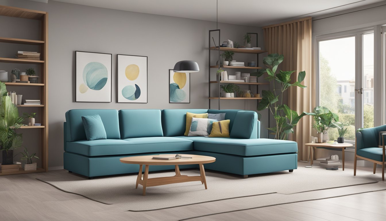 A seahorse sofa bed in a modern living room, with sleek design and multi-functional features. The room is well-lit, with a cozy atmosphere and practical layout
