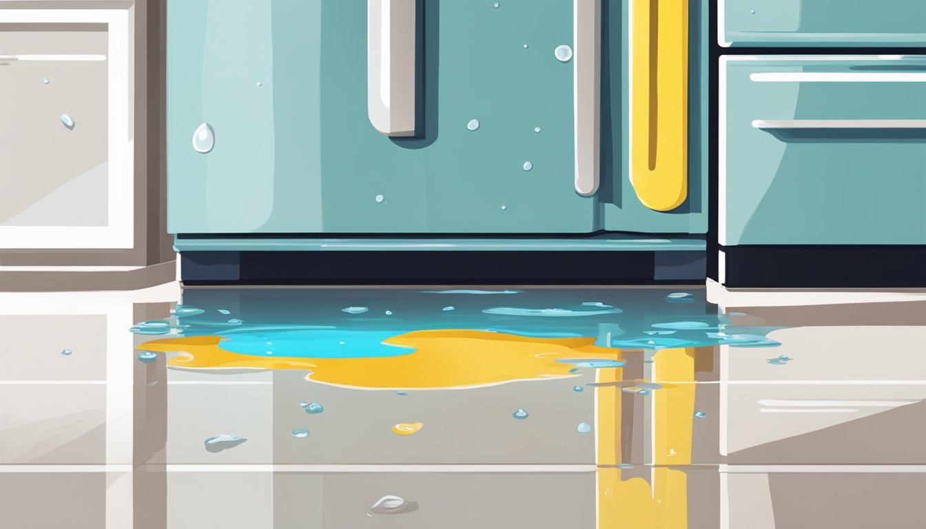 A puddle forms beneath a leaking fridge. Water drips from the bottom, pooling on the floor