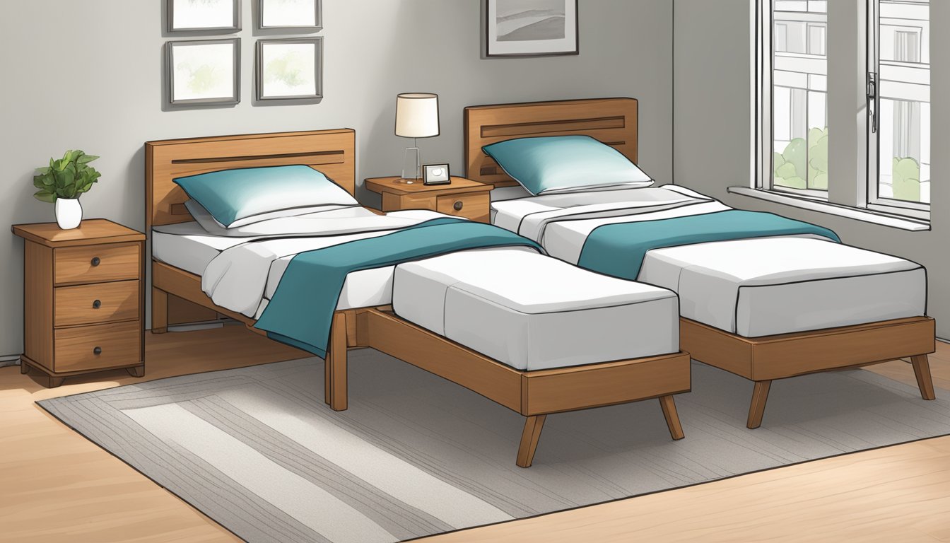 A single bed and a super single bed side by side in a bedroom, showcasing the size difference between the two