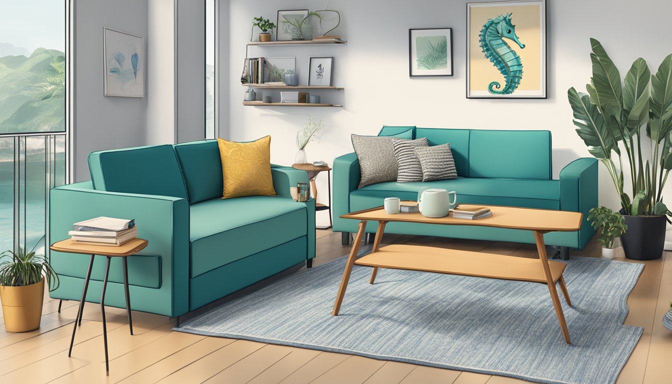 A seahorse-themed sofa bed in a modern Singapore living room, with a stack of Frequently Asked Questions pamphlets on the coffee table