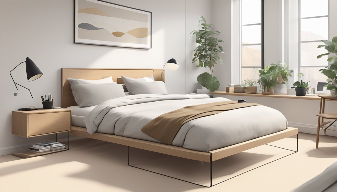 A minimalist bedroom with neutral colors, natural materials, and simple furniture. A low platform bed with clean lines, a clutter-free workspace with a sleek desk, and storage solutions with wooden or transparent containers