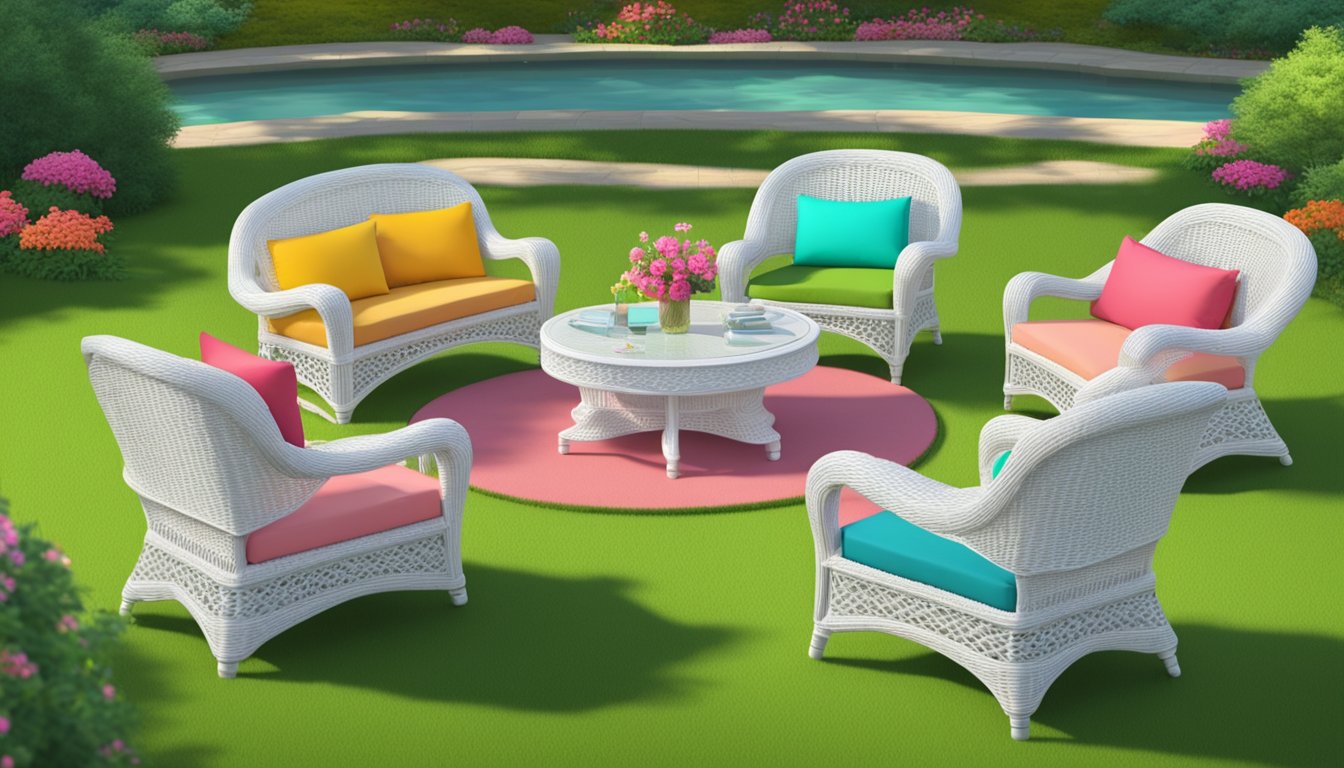 Several garden chairs arranged in a circle on a lush green lawn, with a small table in the center. The chairs are made of white wicker and adorned with colorful cushions