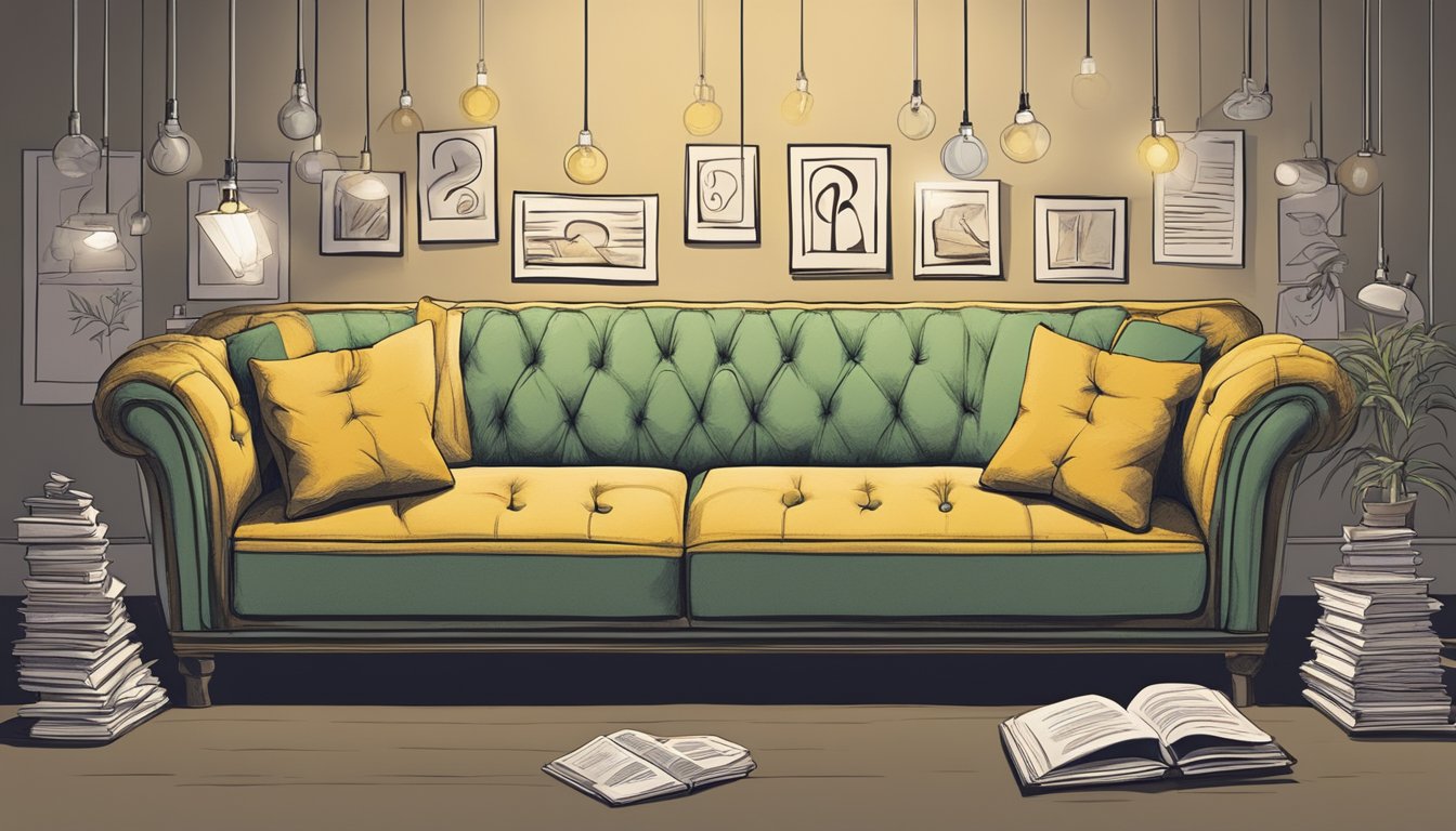 A deep high back sofa surrounded by question marks, with a spotlight above, suggesting a sense of curiosity and inquiry