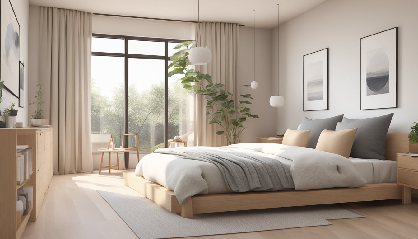 A cozy bedroom with minimalist Muji-inspired decor. Neutral colors, clean lines, and natural materials like wood and cotton. Simple, functional accessories and a well-organized layout create a tranquil and inviting space