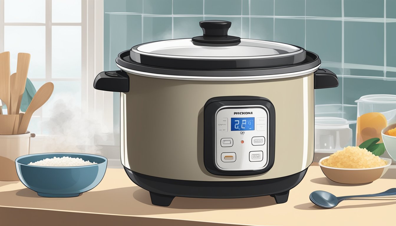 A small rice cooker sits on a kitchen counter in Singapore, steam rising from its lid as it cooks rice