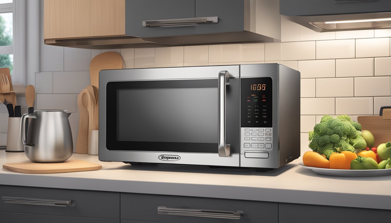A Europace microwave oven sits on a kitchen countertop, its digital display glowing with the current time. The oven door is closed, and the interior light is off