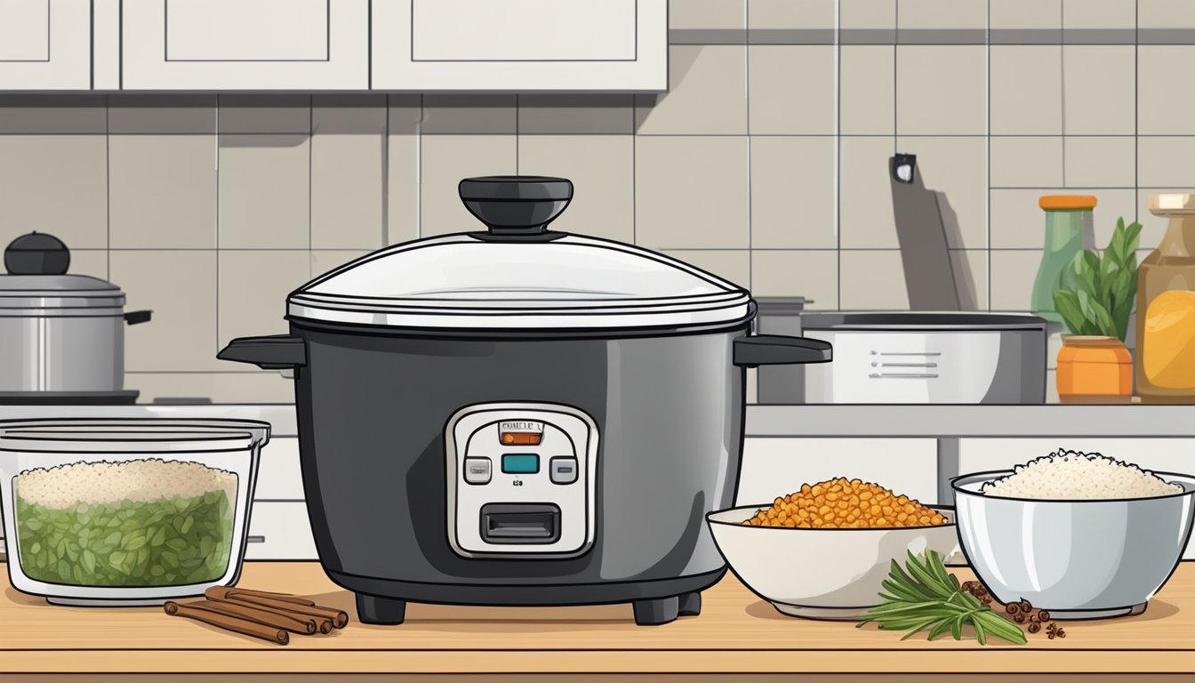 A small rice cooker sits on a kitchen counter, steaming with freshly cooked rice. Nearby, various ingredients and spices are laid out, ready to be added to the rice