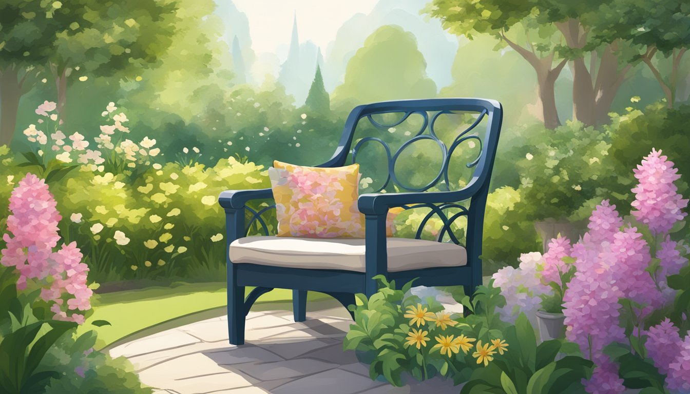 A serene garden with a stylish chair surrounded by blooming flowers and lush greenery