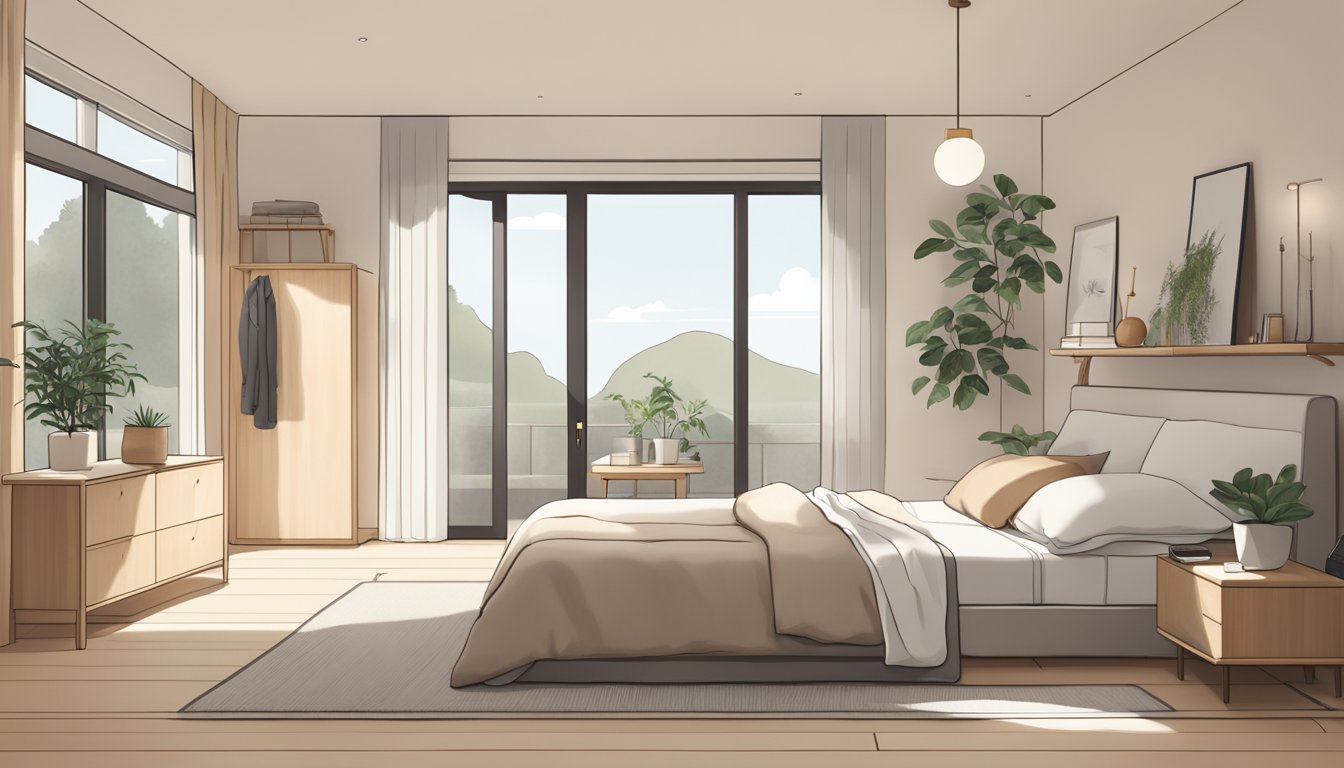 A cozy bedroom with minimalist furniture, neutral colors, and natural lighting. A Muji-inspired aesthetic with clean lines and simple decor