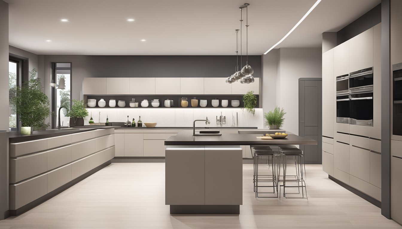 A spacious and modern kitchen showroom with sleek countertops, state-of-the-art appliances, and stylish cabinetry on display. Bright lighting and a minimalist design create an inviting atmosphere